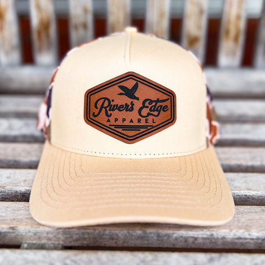 Rivers Edge Apparel Leather Patch Trucker Hat - Khaki/Old School Camo