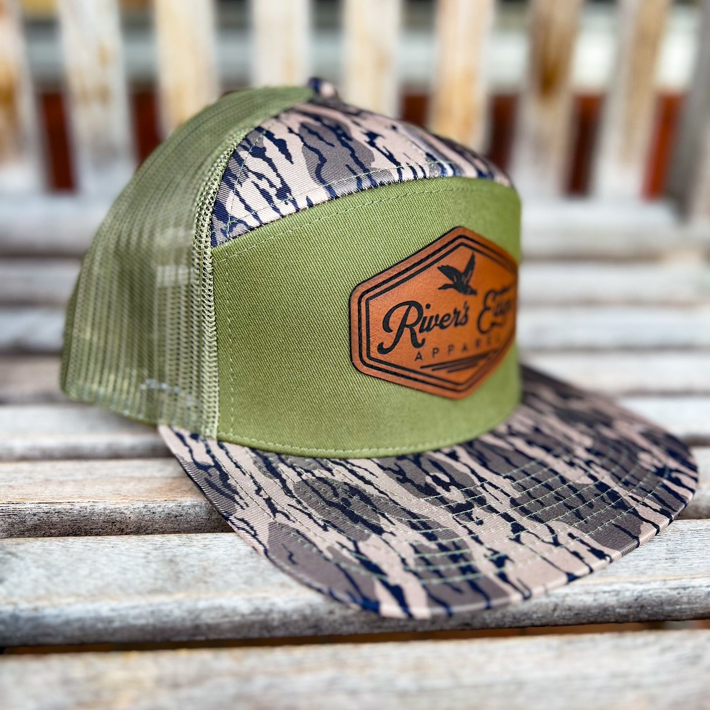 7 Panel River’s Edge Apparel Trucker Hat with Leather Patch - Bottomland/Green
