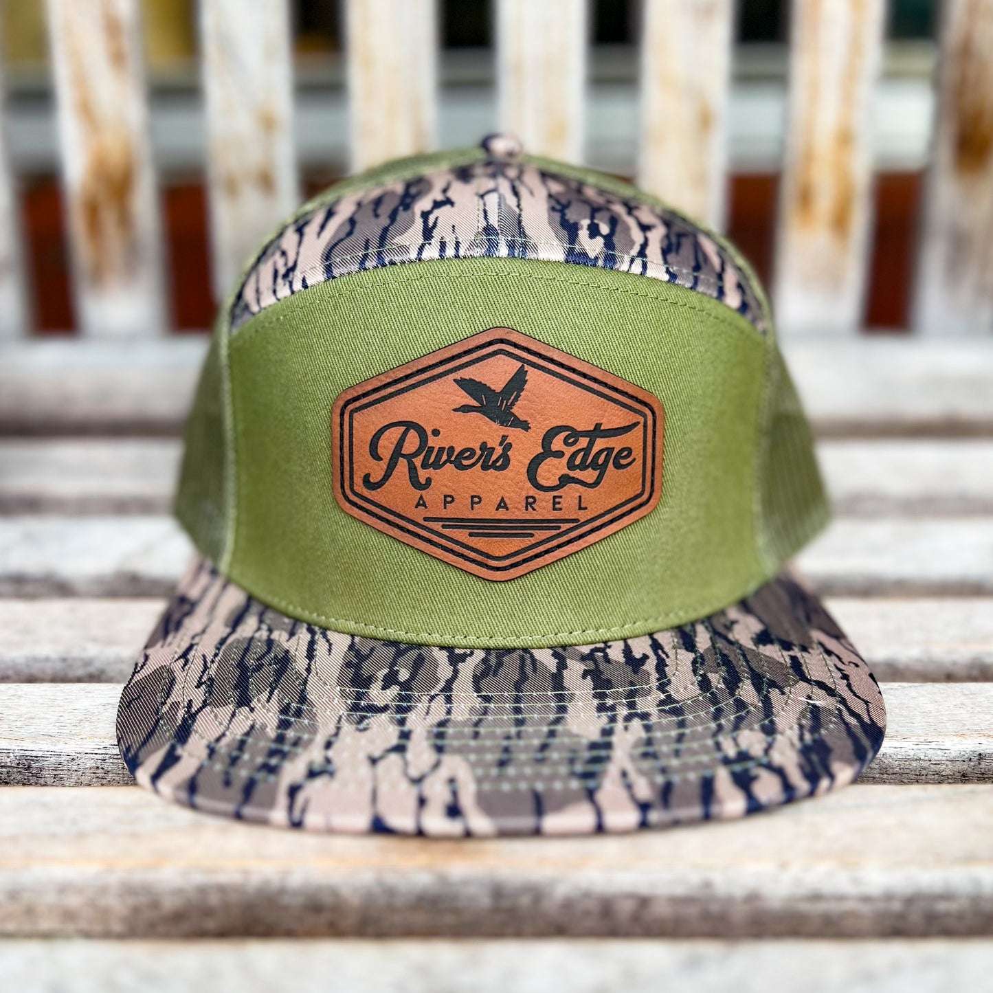 7 Panel River’s Edge Apparel Trucker Hat with Leather Patch - Bottomland/Green