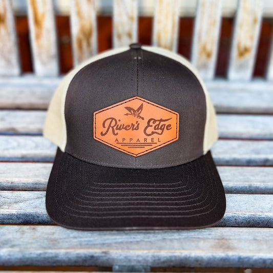 Rivers Edge Apparel Leather Patch Trucker Hat - Khaki/Brown