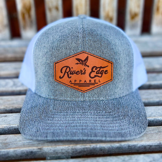 Rivers Edge Apparel Leather Patch Trucker Hat - Heather Gray/White