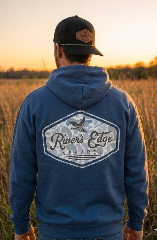 River's Edge Apparel Logo Hoodie - Dark Blue (Gray Old School)